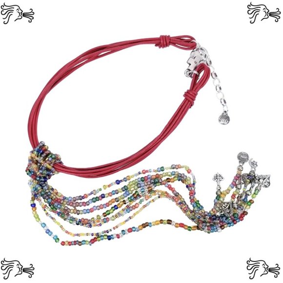 Multistrand Red Leather Choker with Beaded Strands Statement Necklace - Picture 7 of 7